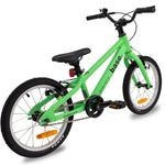 Green base 16 inch kids bike rear diagonal view with white background