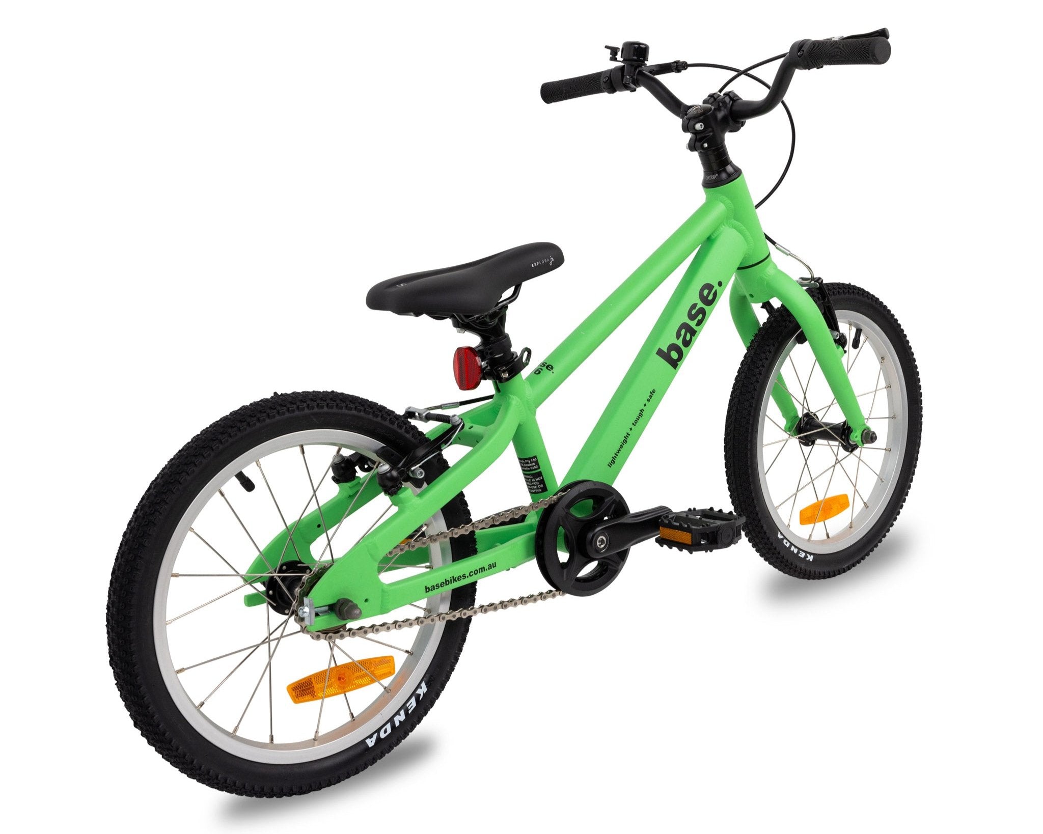 Green base 16 inch kids bike rear diagonal view with white background