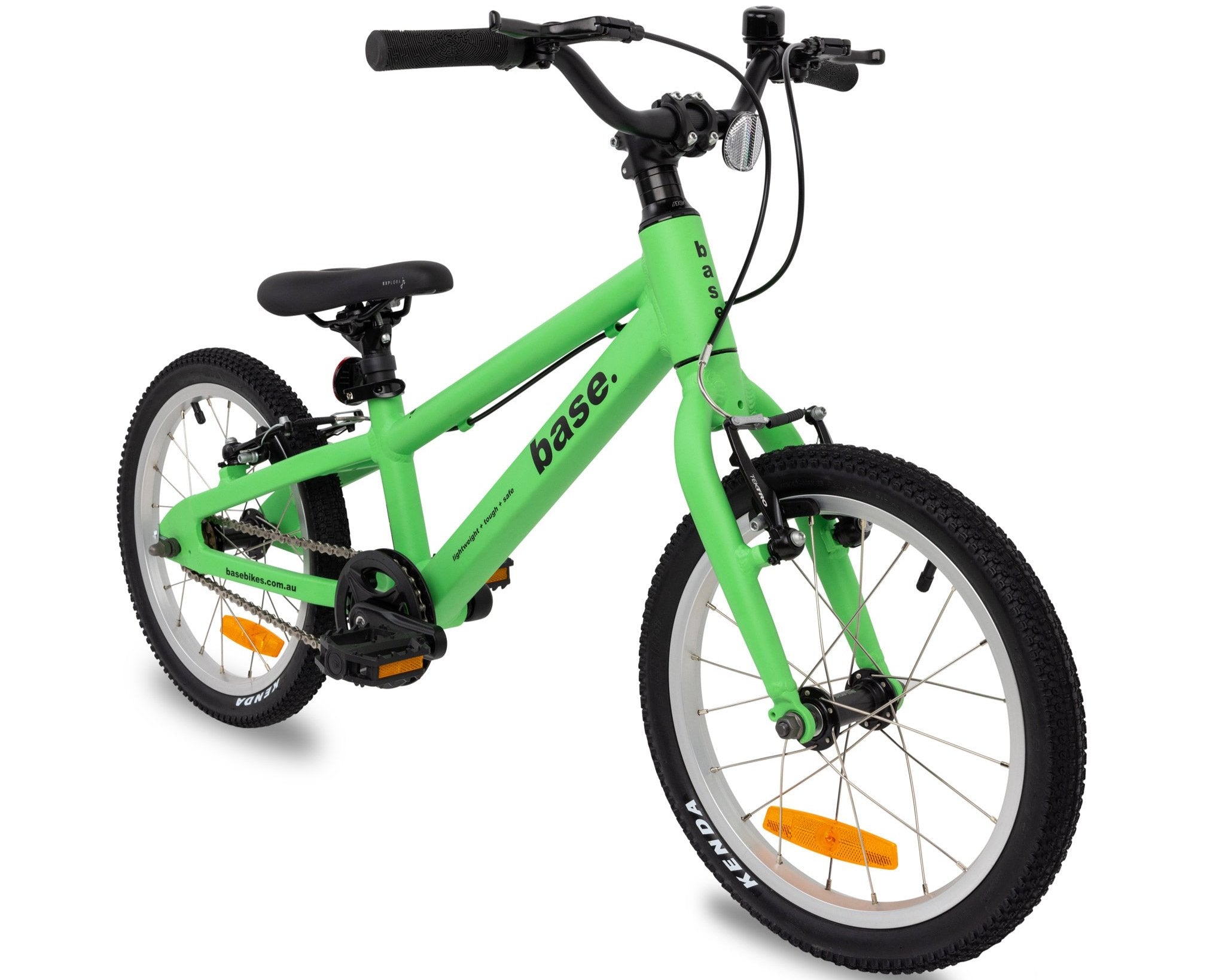Green base 16 inch kids bike diagonal view with white background