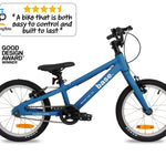 Blue kid's bike with 'Two Wheeling Tots' logo and Good Design Award badge on a white background