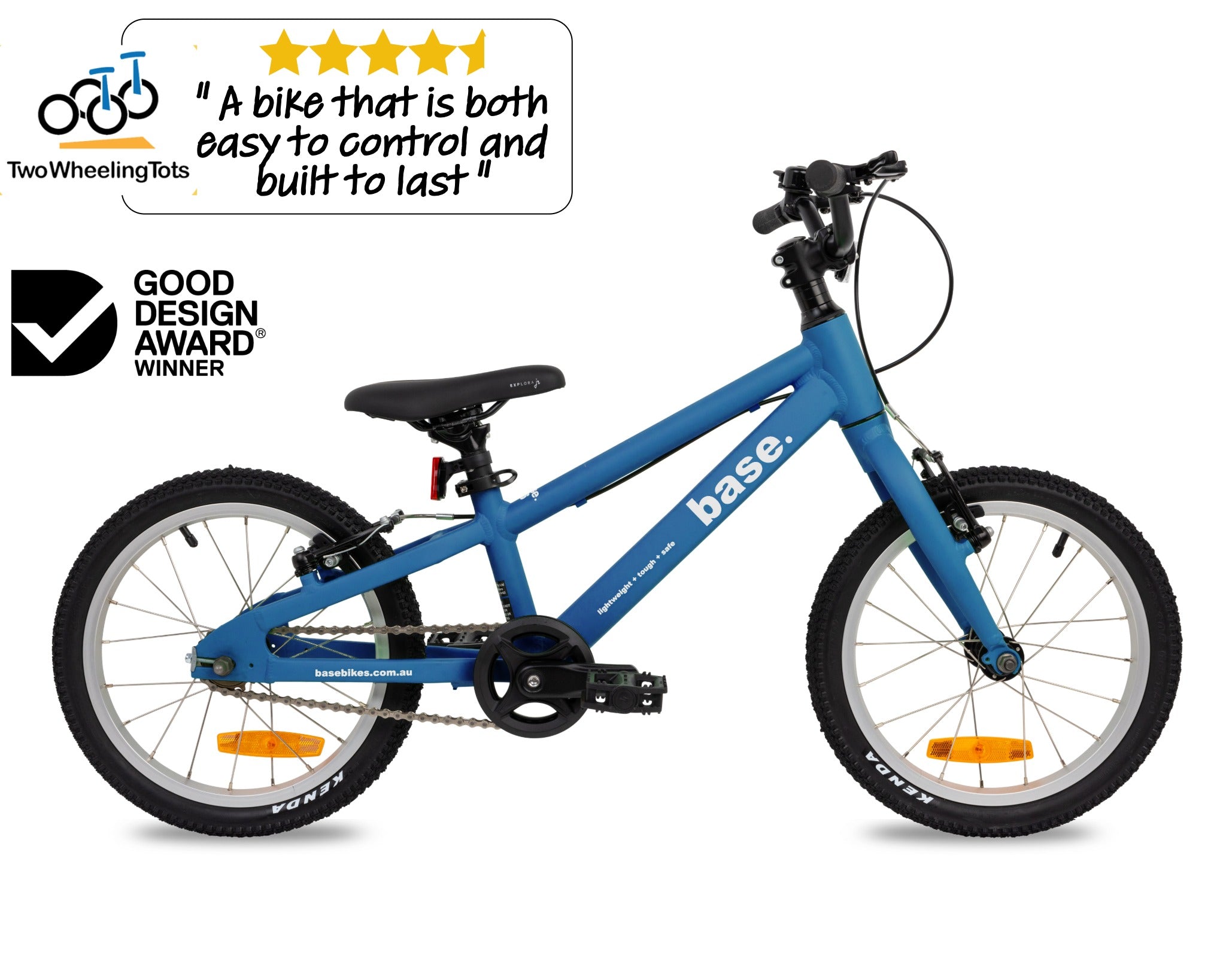 Blue kid's bike with 'Two Wheeling Tots' logo and Good Design Award badge on a white background