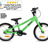 Green kid's bike with 'Two Wheeling Tots' logo and Good Design Award badge on a white background