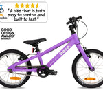 Lilac kid's bike with 'Two Wheeling Tots' logo and Good Design Award badge on a white background
