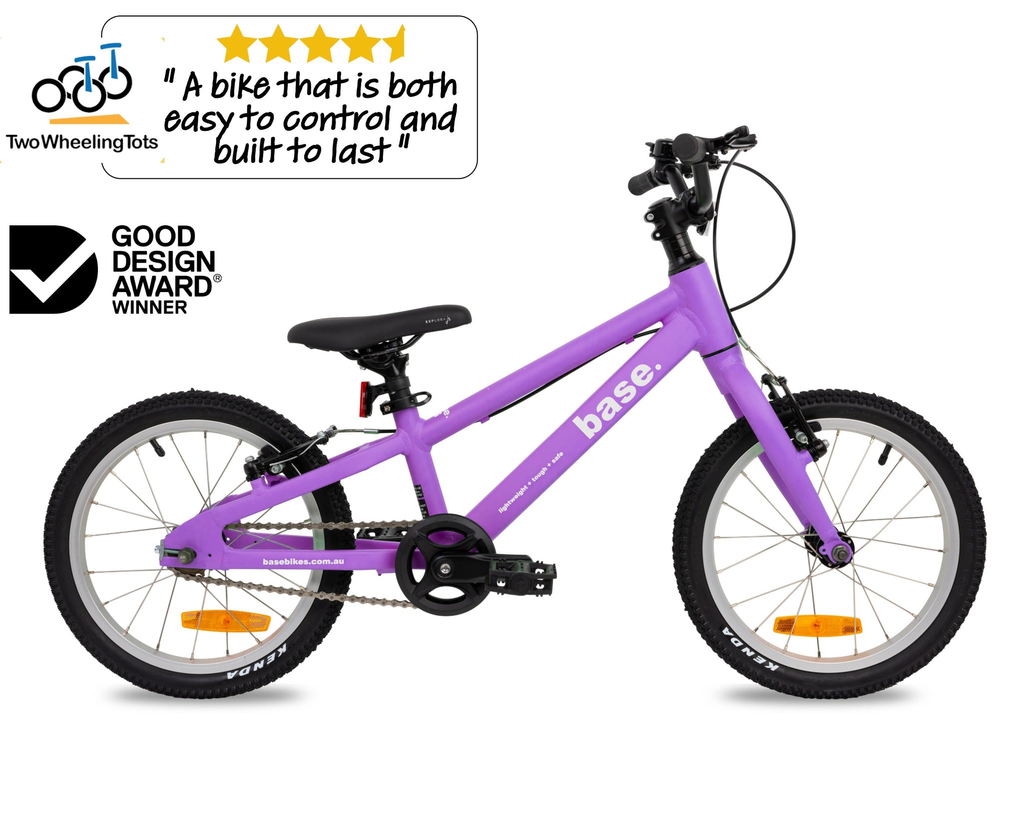 Lilac kid's bike with 'Two Wheeling Tots' logo and Good Design Award badge on a white background
