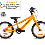 Orange kid's bike with 'Two Wheeling Tots' logo and Good Design Award badge on a white background