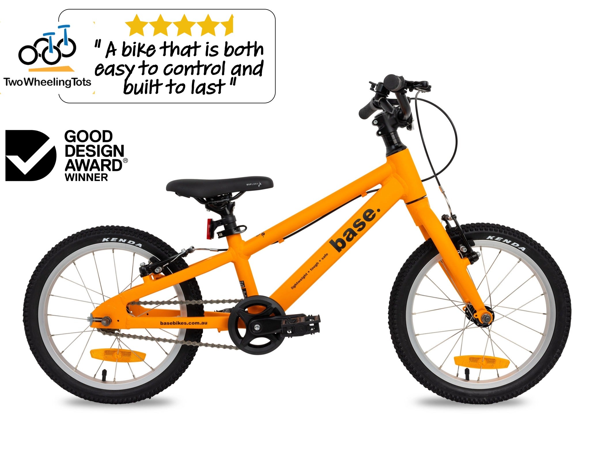Orange kid's bike with 'Two Wheeling Tots' logo and Good Design Award badge on a white background