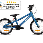 16 inch blue kids bike against a white background with the Two Wheeling Tots logo and testimonial