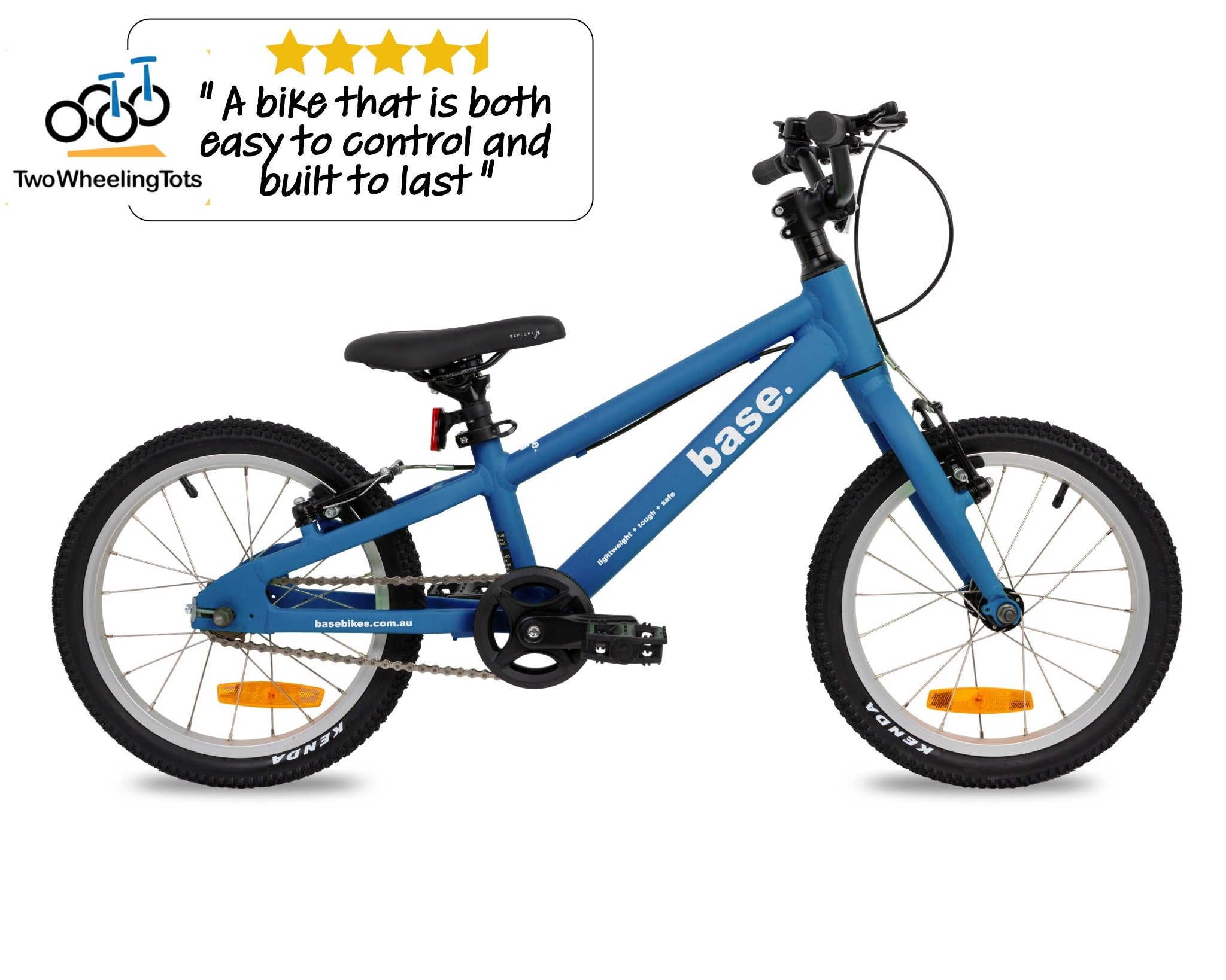 16 inch blue kids bike against a white background with the Two Wheeling Tots logo and testimonial