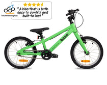 16 inch kids bike against a white background with the Two Wheeling Tots logo and testimonial