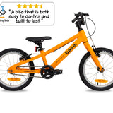 16 inch kids bike against a white background with the Two Wheeling Tots logo and testimonial