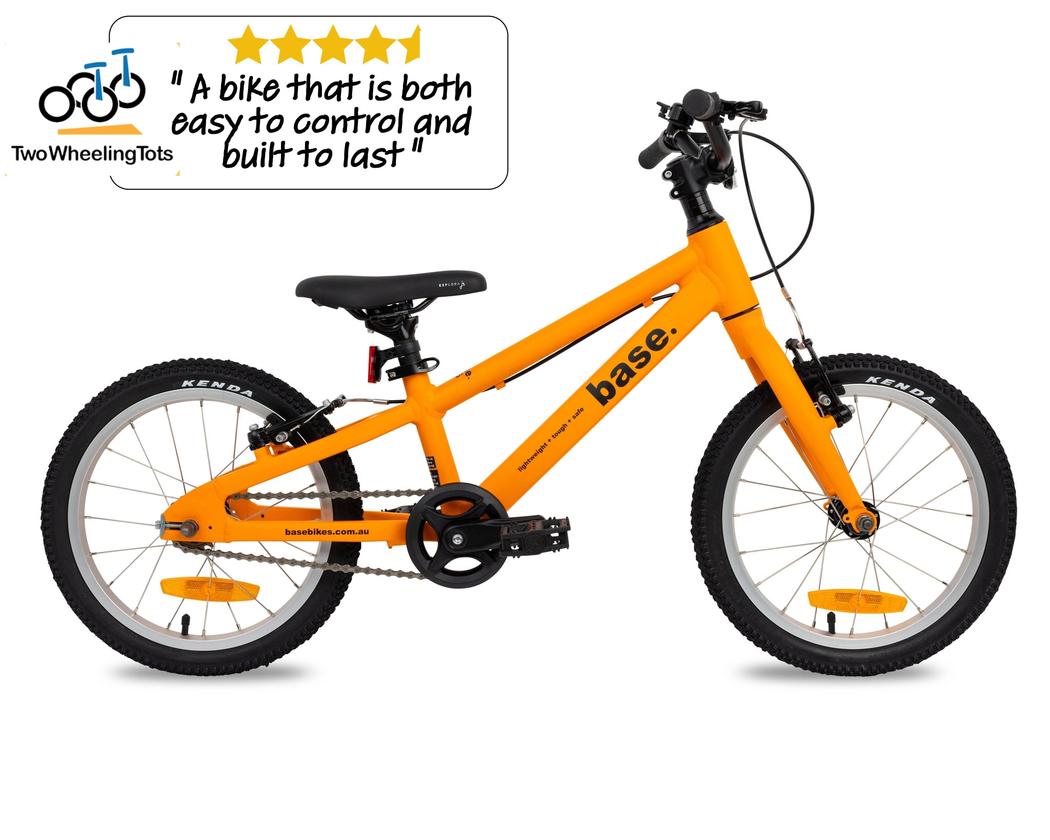 16 inch kids bike against a white background with the Two Wheeling Tots logo and testimonial