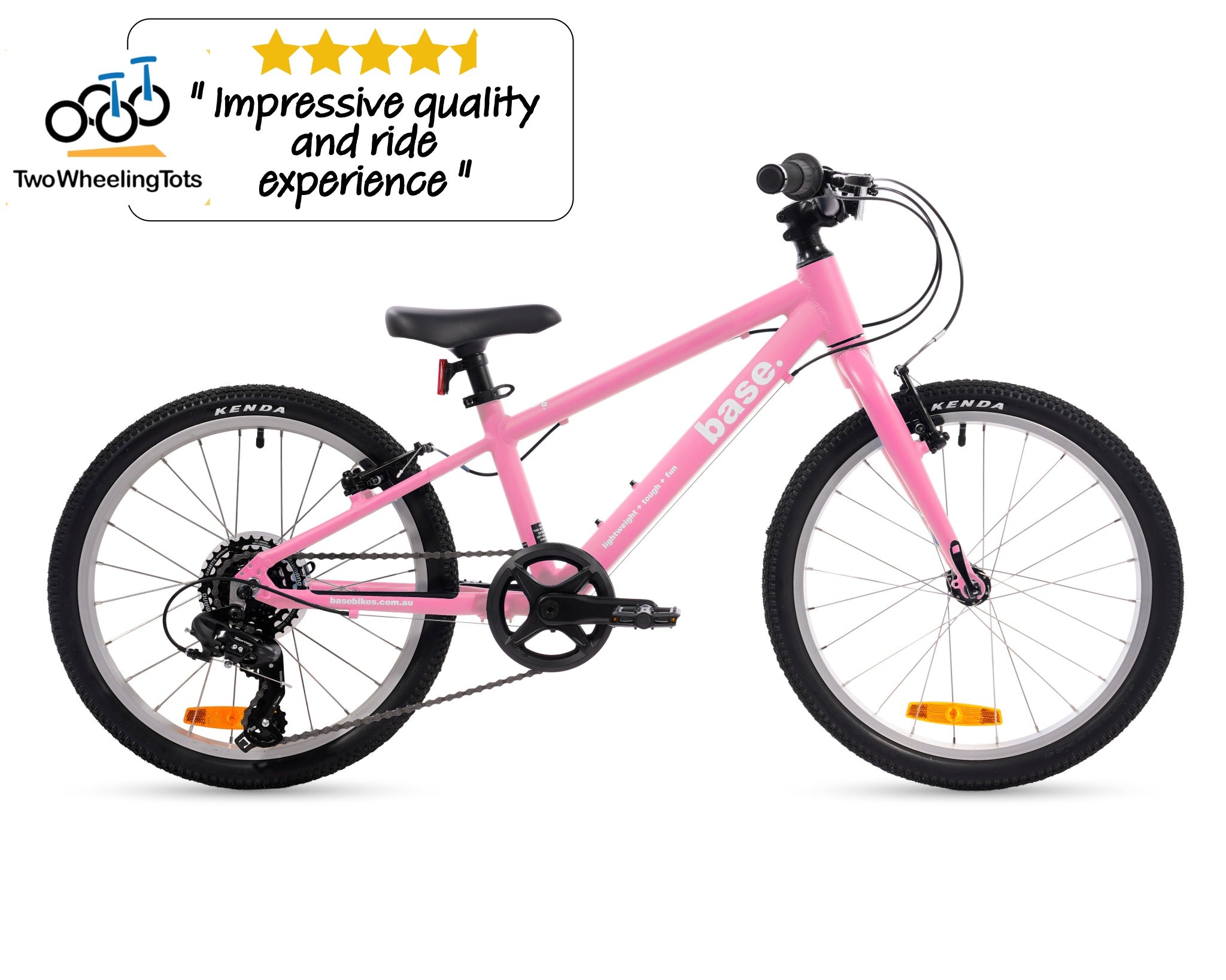 A pink children's bicycle with black tires, black saddle, and black handlebars, shown in a side profile on a white background. A brand badge for 'base' is visible on the frame, and a review graphic for 'Two Wheeling Tots' is in the top-left corner.
