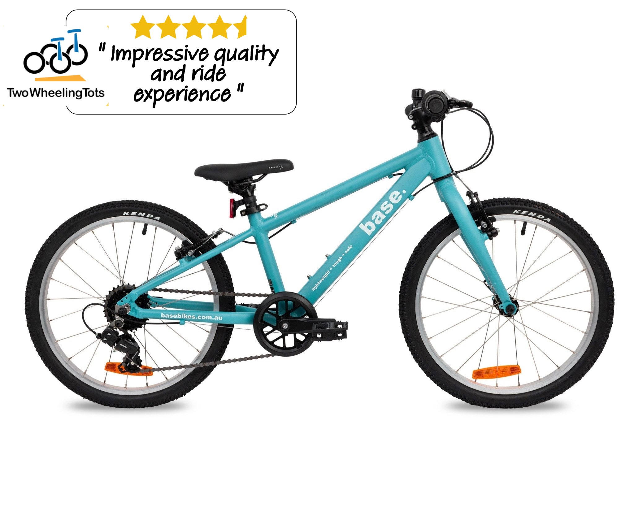 20 inch kids bike against a white background with the Two Wheeling Tots logo and testimonial