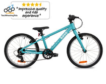 20 inch kids bike against a white background with the Two Wheeling Tots logo and testimonial