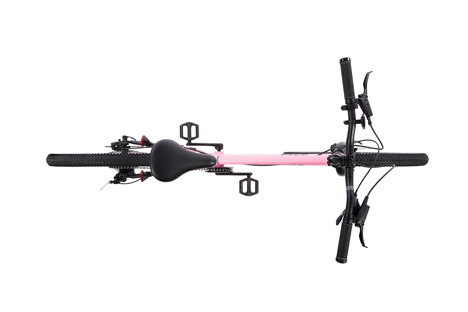 Pink and black bicycle on a white background view from above