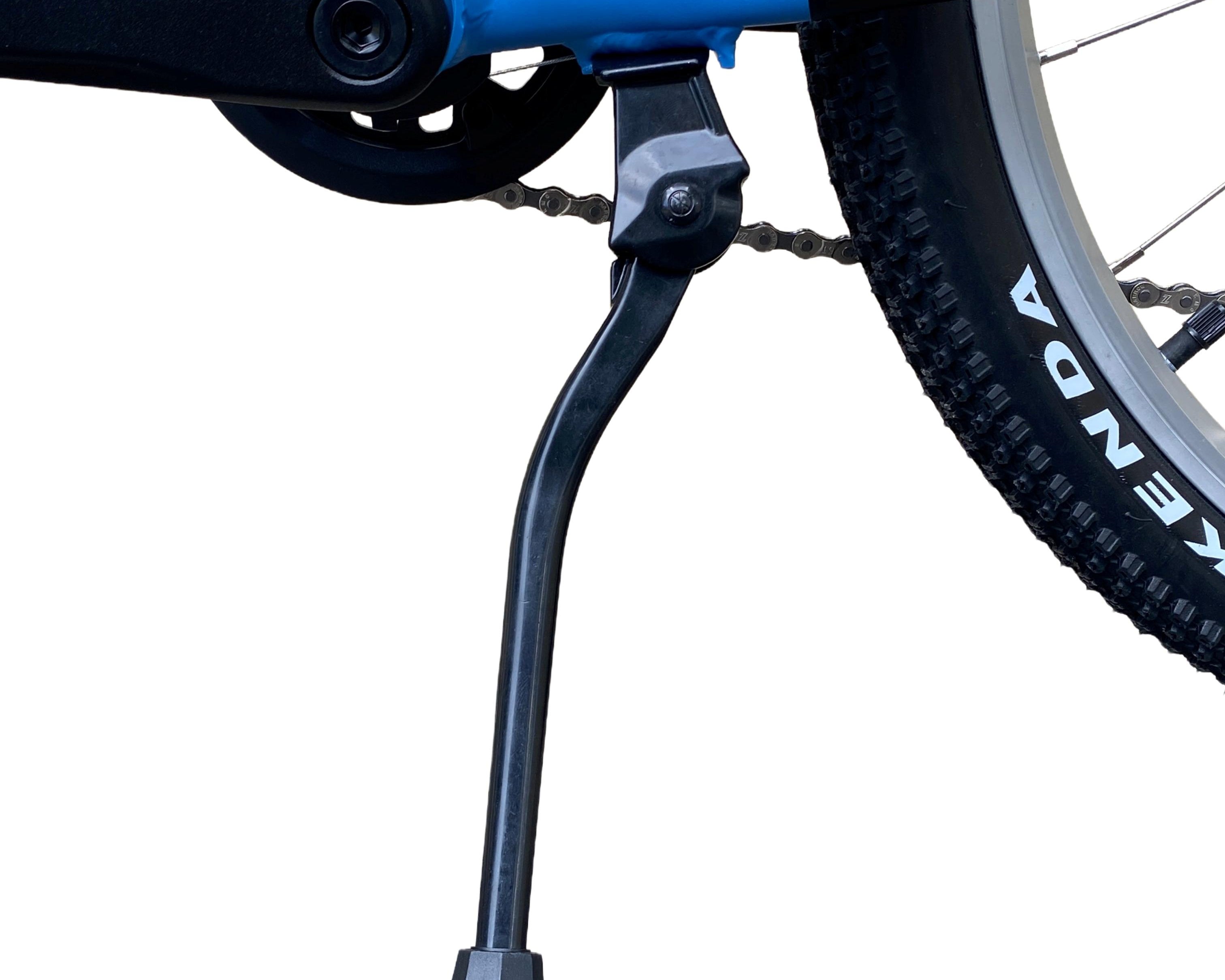Black centre-mount kickstand attached to the base 24 inch kids bike frame