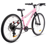 Pink bicycle with black components on a white background