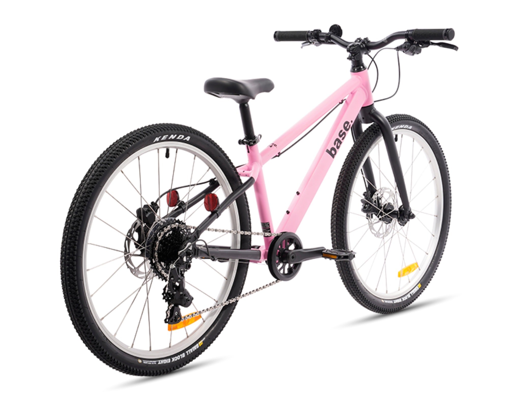 Pink bicycle with black components on a white background