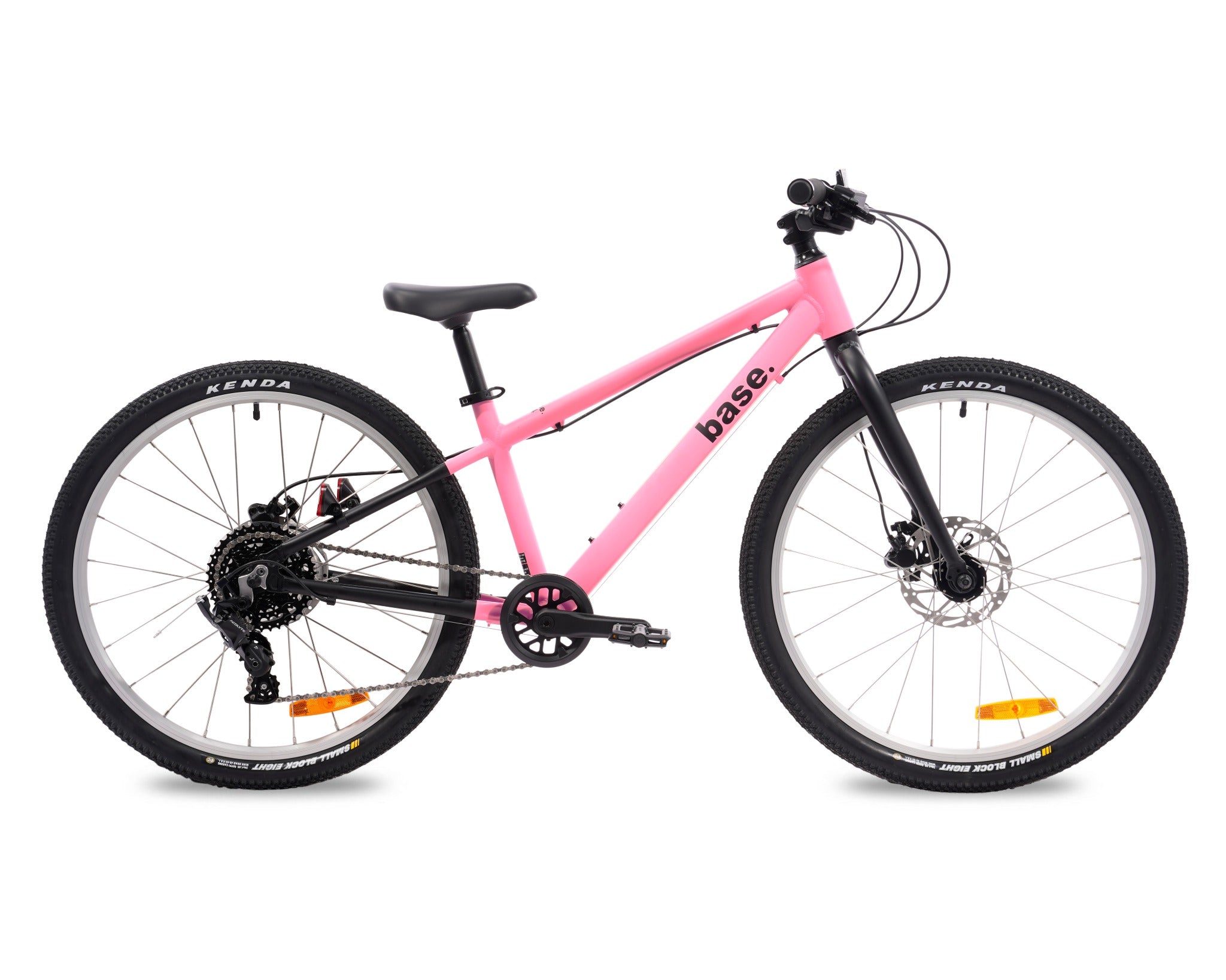A pink and black kids bike with Kenda tyres, shown from a side profile on a clean white background. The brand 'base'.