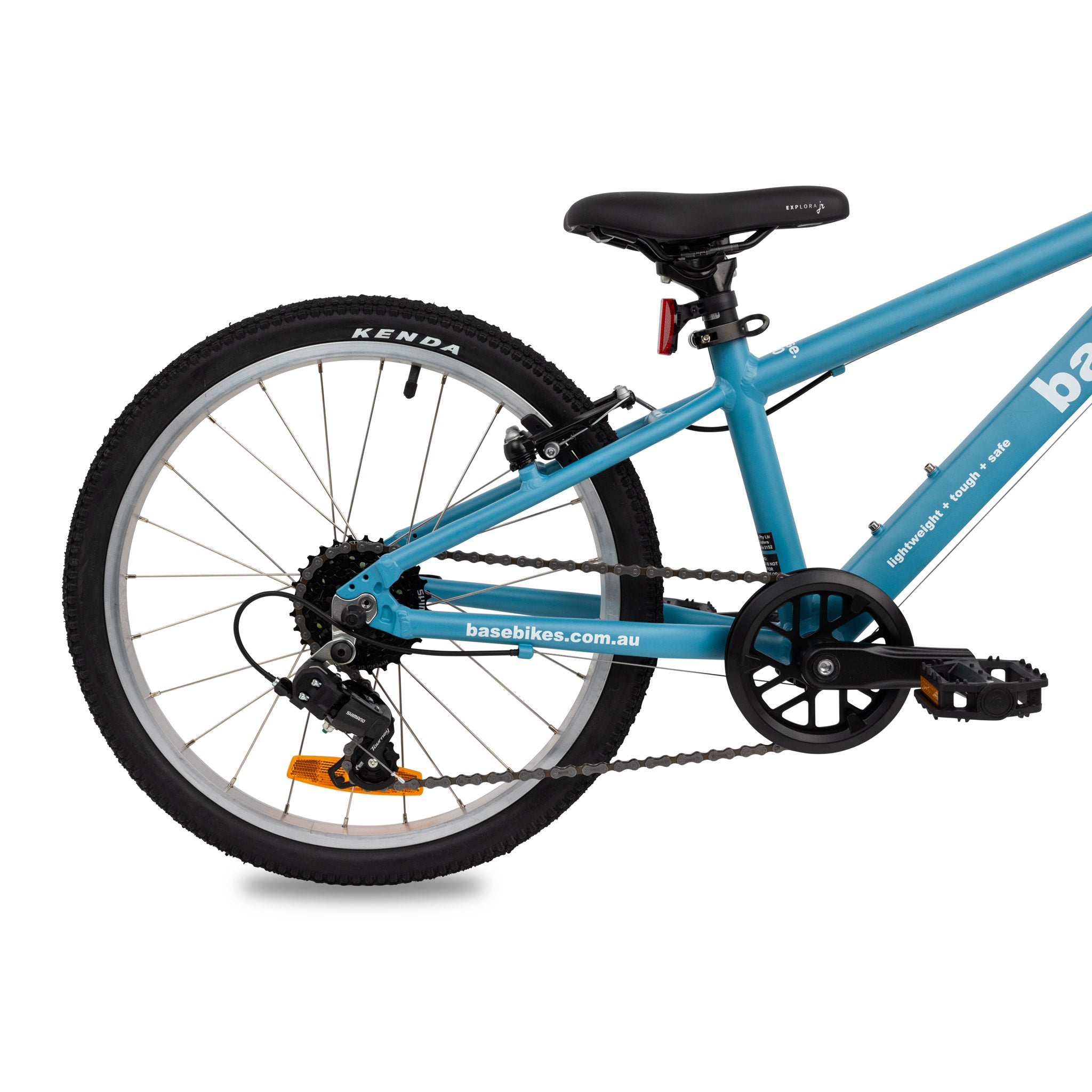 Blue base 20 inch kids bike zoomed in on rear