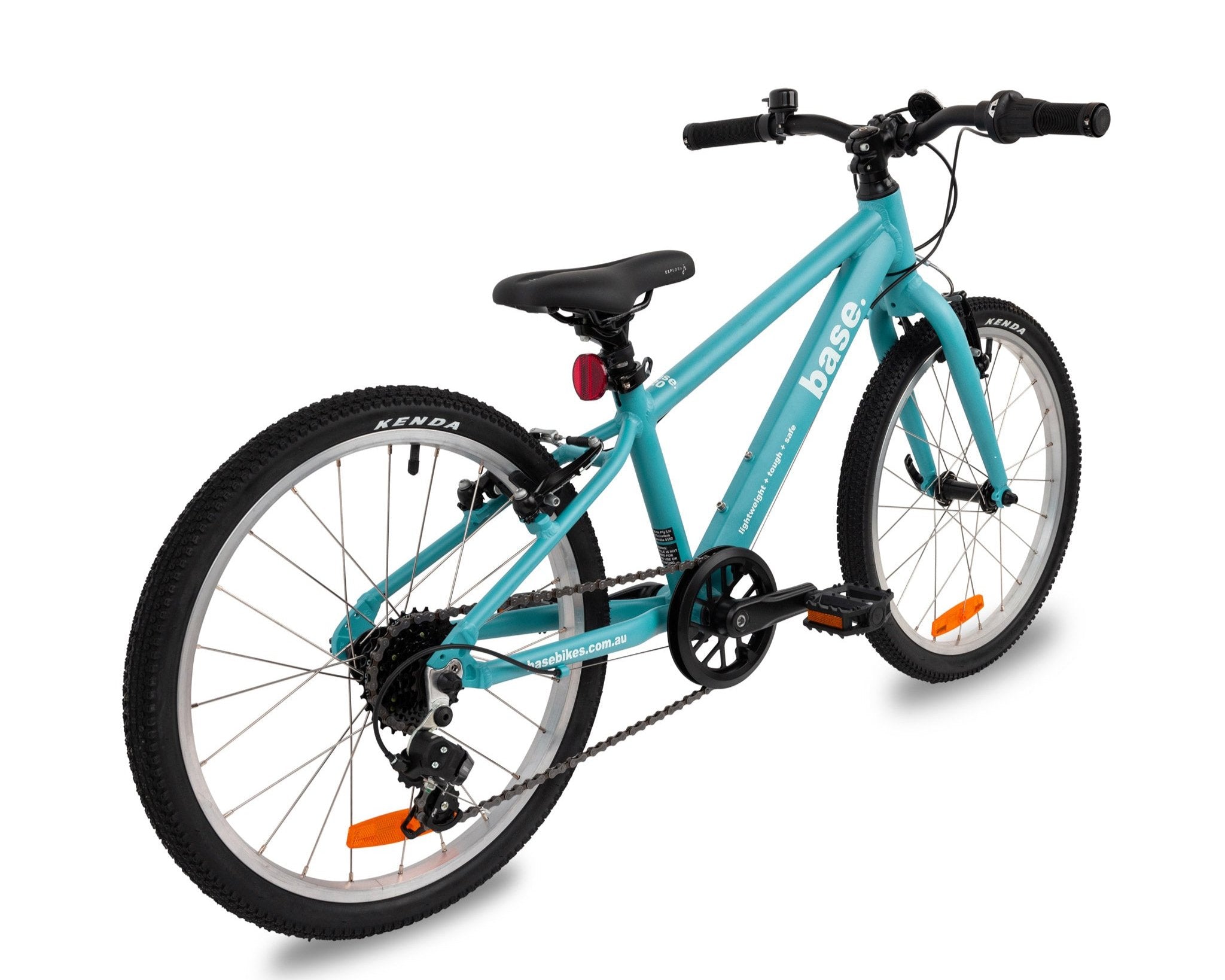 Blue base 20 inch boys bike rear diagonal view with white background