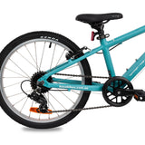 Blue base girls 20 inch kids bike zoomed in on rear of bike to show Shimano gears, with white background