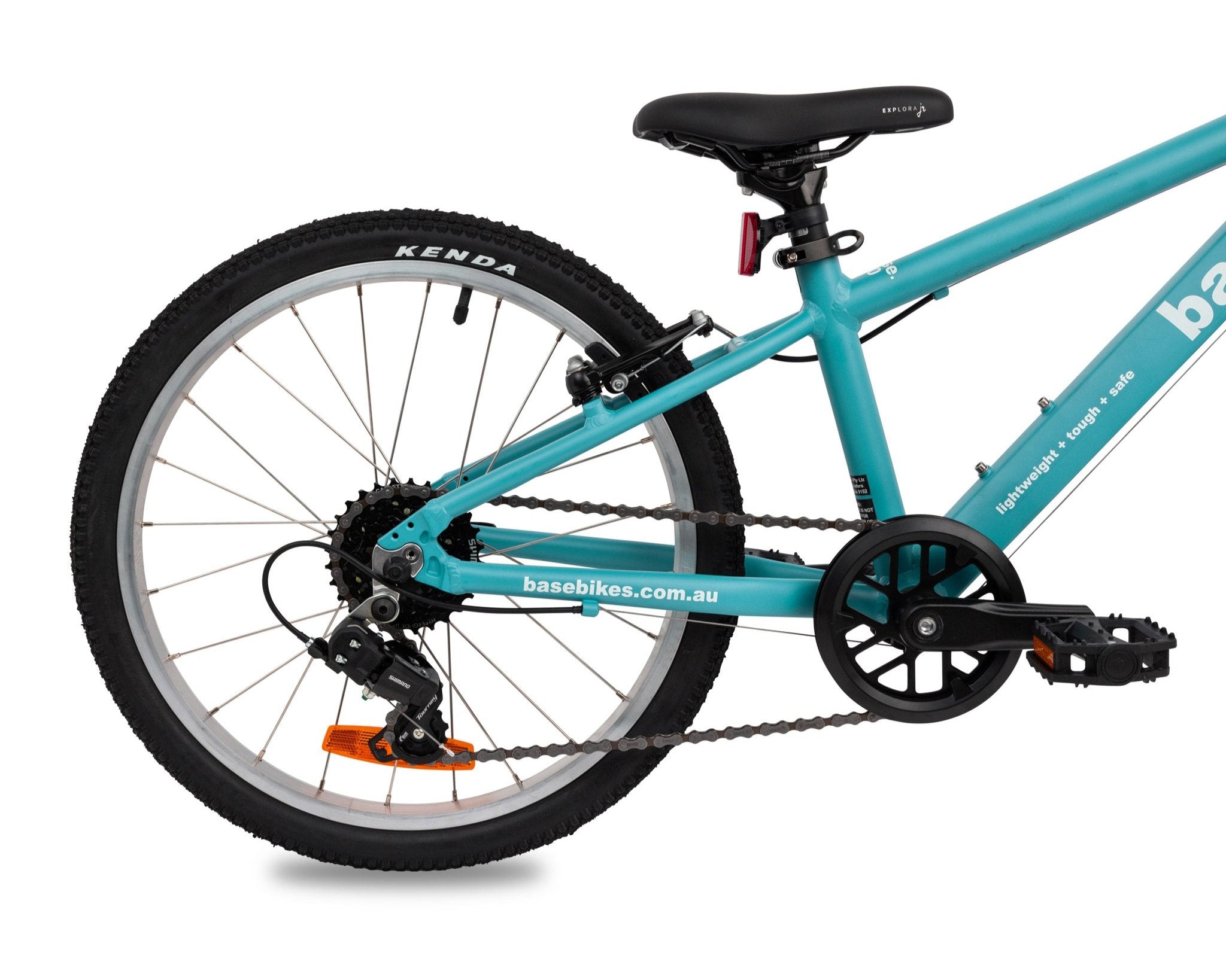 Blue base girls 20 inch kids bike zoomed in on rear of bike to show Shimano gears, with white background
