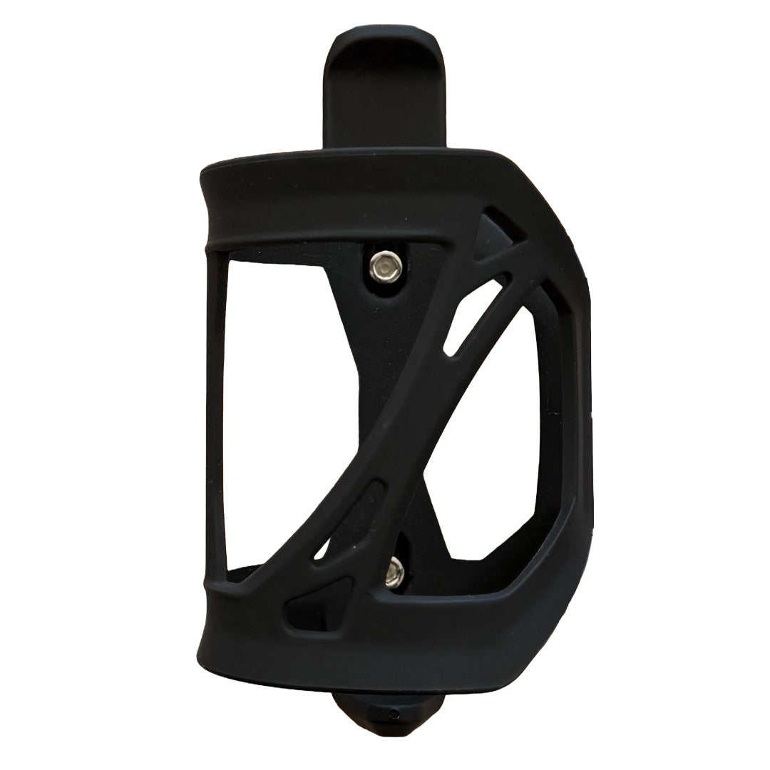 A black bicycle water bottle cage with a matte finish and cutout design, shown against a plain white background.