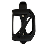 A black bicycle water bottle cage with a matte finish and cutout design, shown against a plain white background.