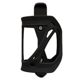 A black bicycle water bottle cage with a matte finish and cutout design, shown against a plain white background.