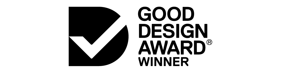Good Design Award Winner logo in black on a white background, featuring a stylized checkmark inside a bold 'D' and the text 'GOOD DESIGN AWARD WINNER'.