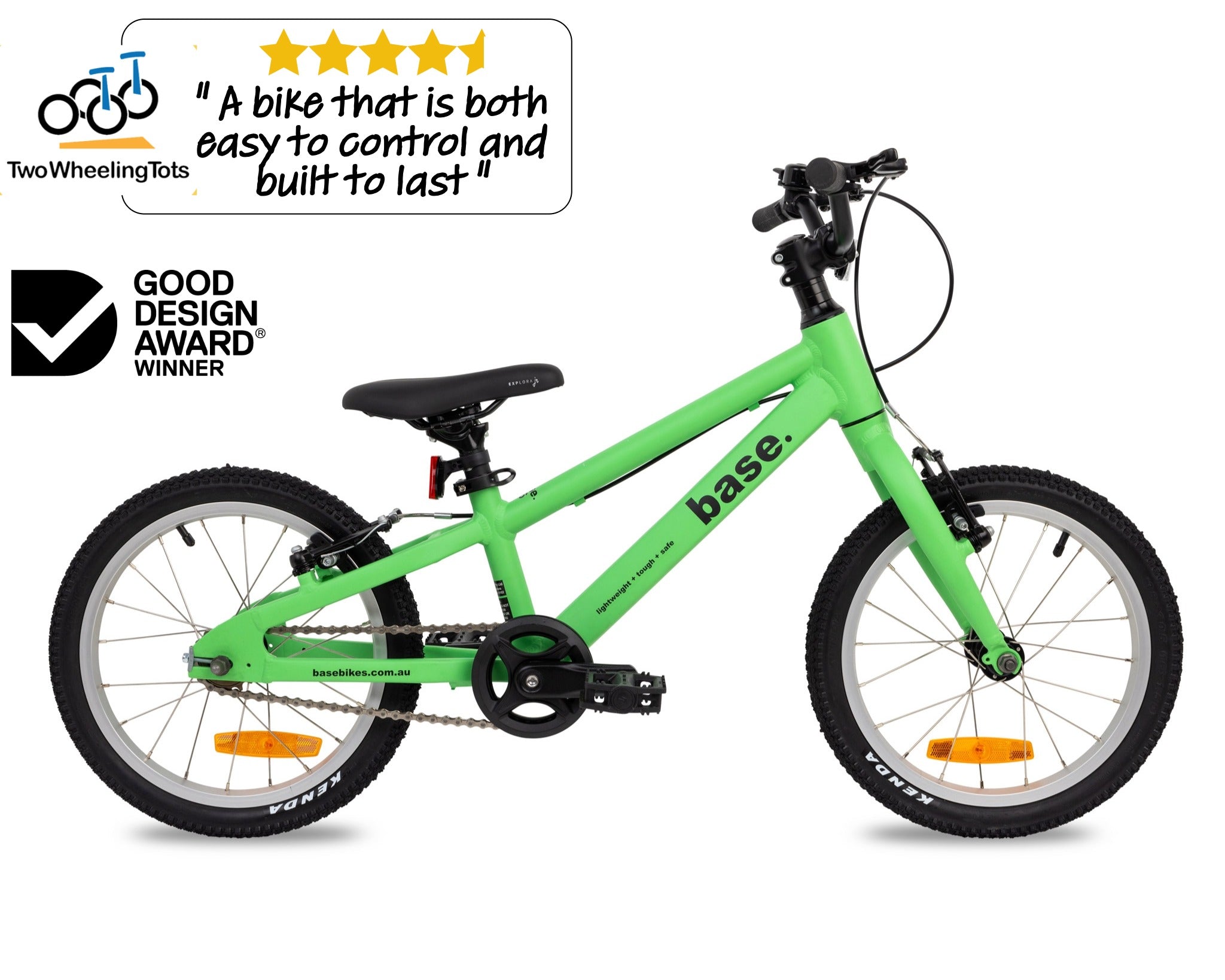 Green kid's bike with 'Two Wheeling Tots' logo and Good Design Award badge on a white background