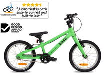 Green kid's bike with 'Two Wheeling Tots' logo and Good Design Award badge on a white background