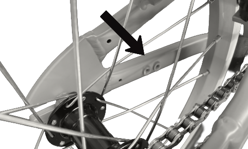 Close-up of a bicycle chainstay with an arrow pointing to a kickstand mount.