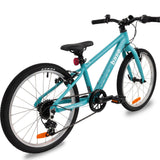 Blue base 20 inch boys bike rear diagonal view with white background