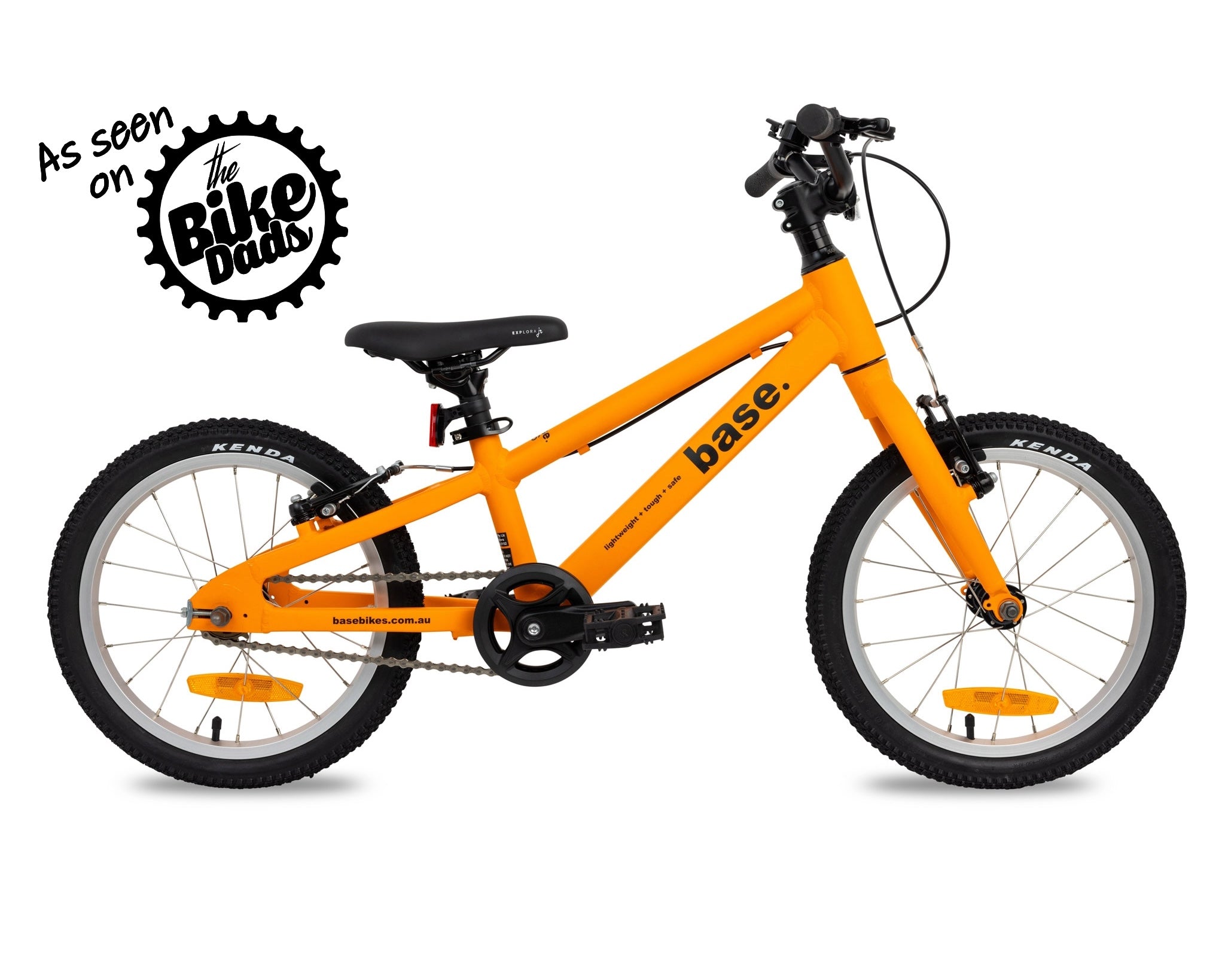 Orange 16 inch kids bike against a white background with The Bike Dads logo