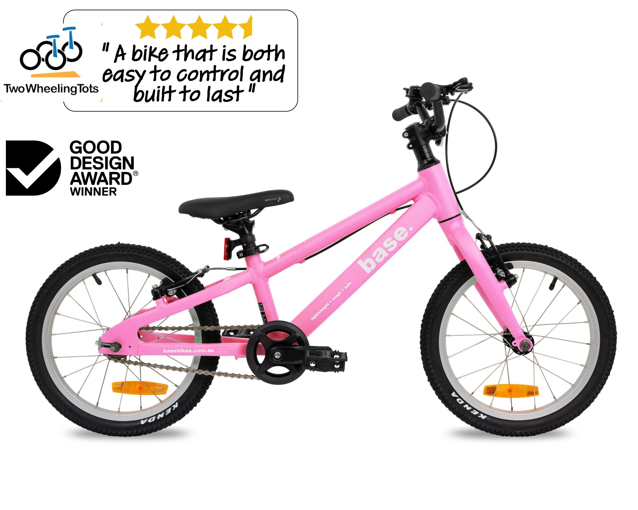 Pink kid's bike with 'Two Wheeling Tots' logo and Good Design Award badge on a white background