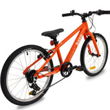 Red base girls 20 inch kids bike rear diagonal view with white background