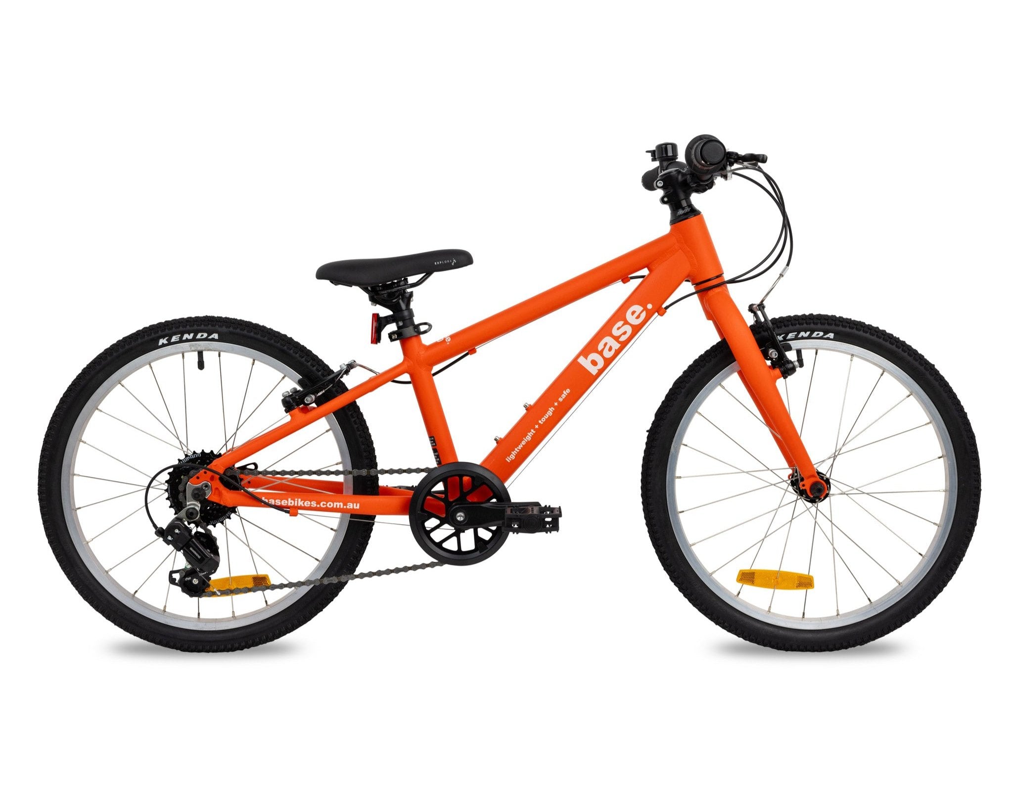 Red base 20 inch kids bike side view with white background