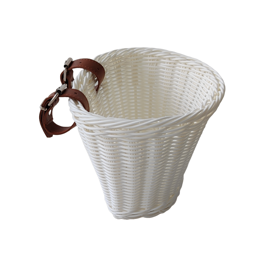 White kids bike basket diagonal view