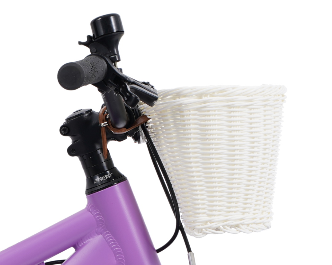 White kids bike basket side view on a purple bike