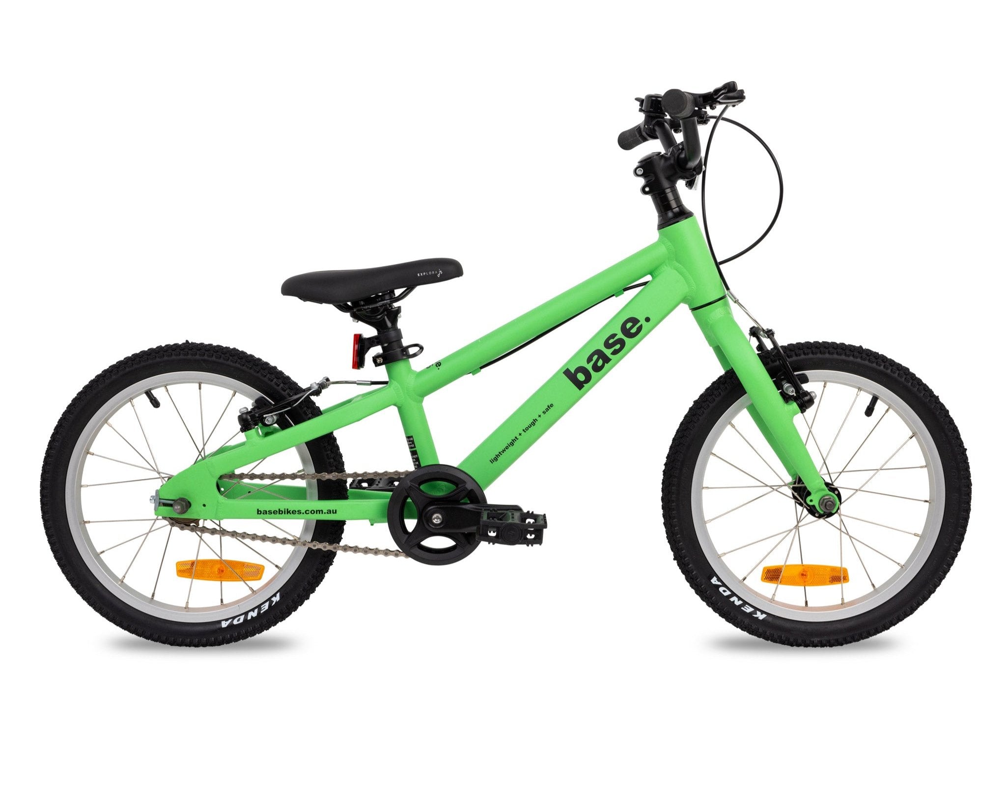 Side view of green kids 16 inch bike against a white background