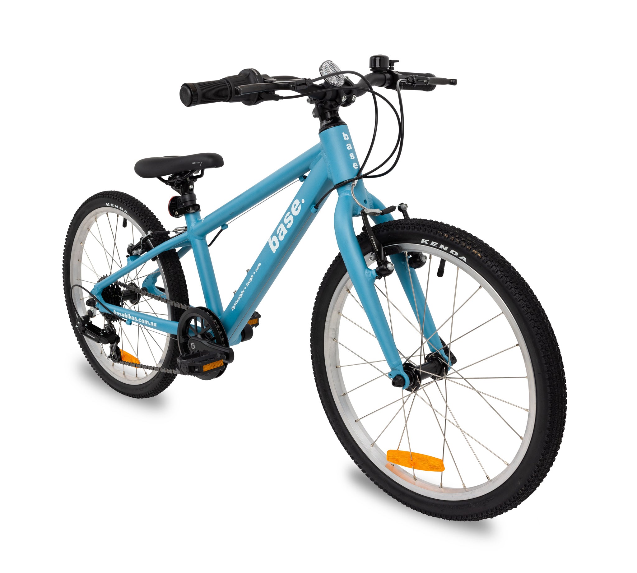 Blue 20 inch kids bike positioned diagonally against a white background