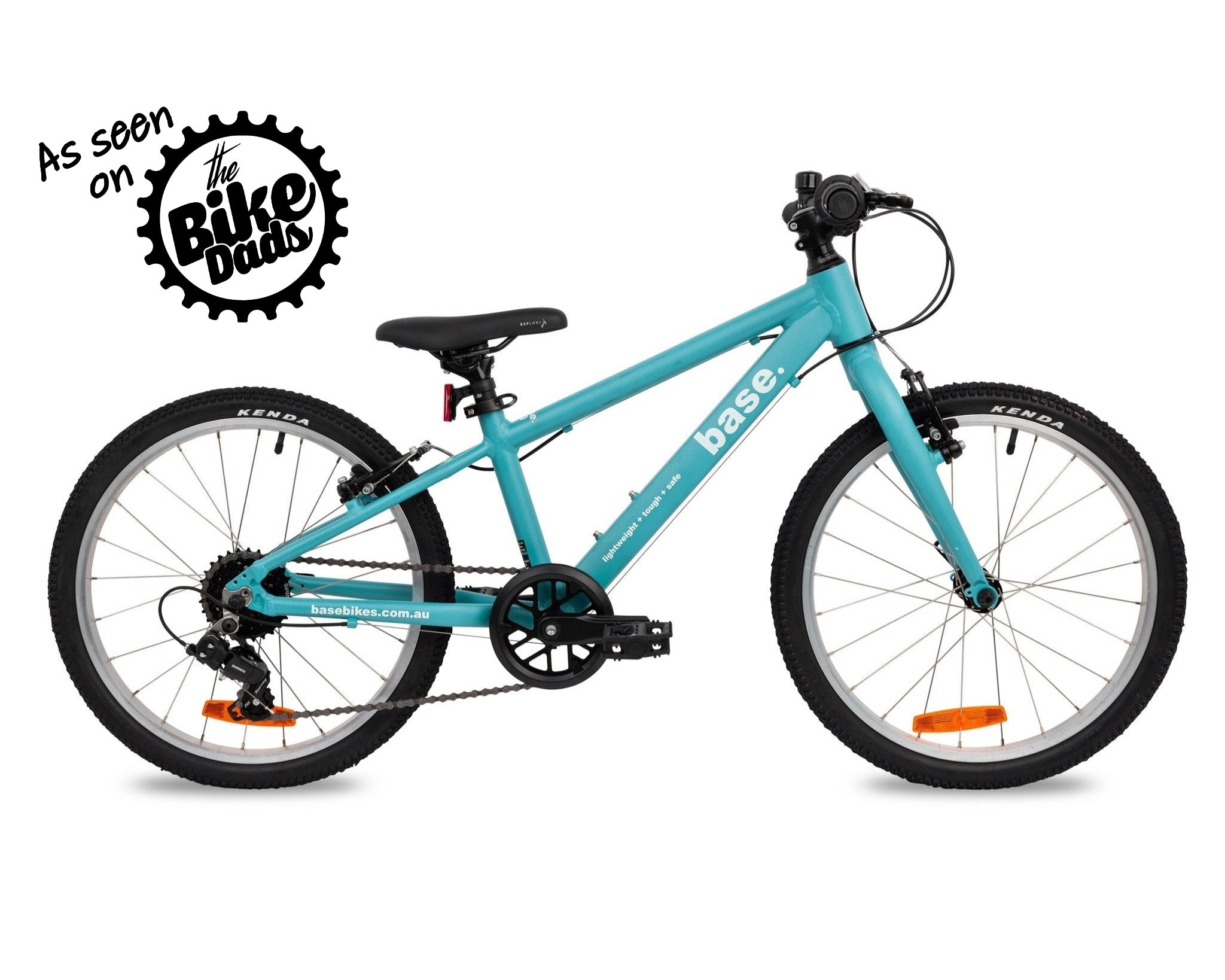 Blue 20 inch bike against a white background with The Bike Dads logo