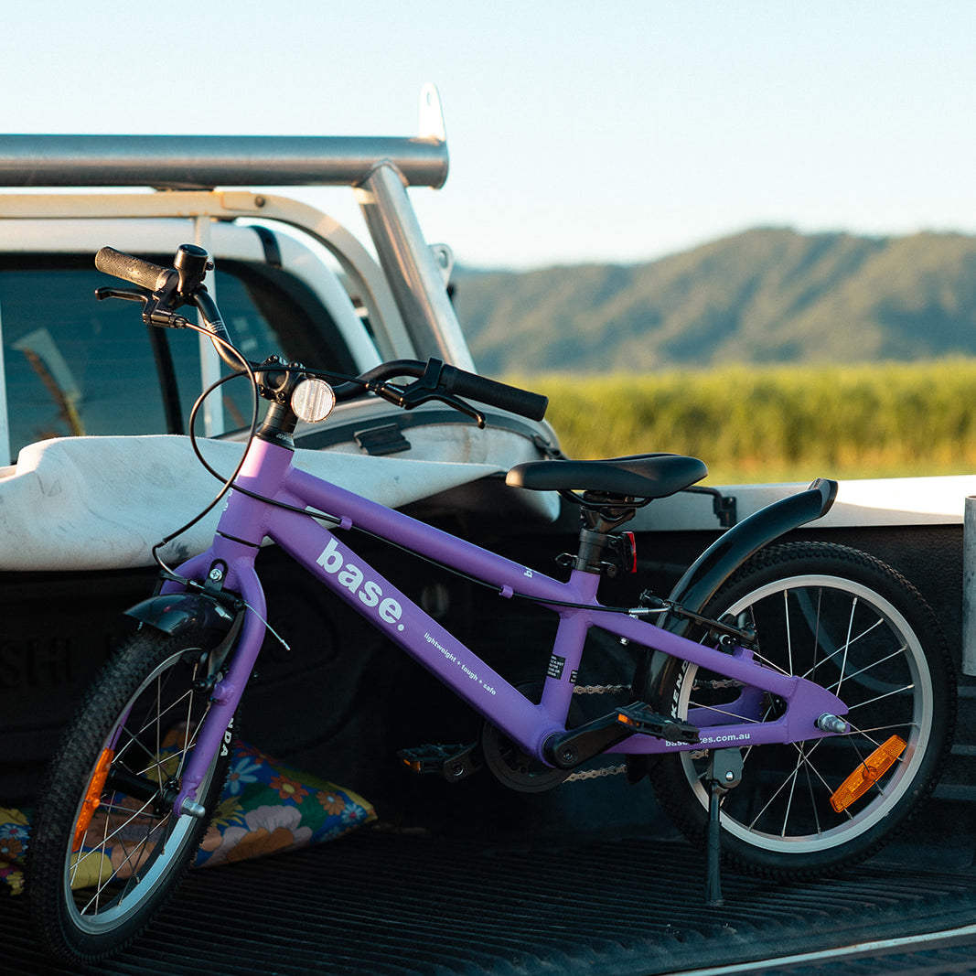 Purple bicycle on a ute bed with a scenic background