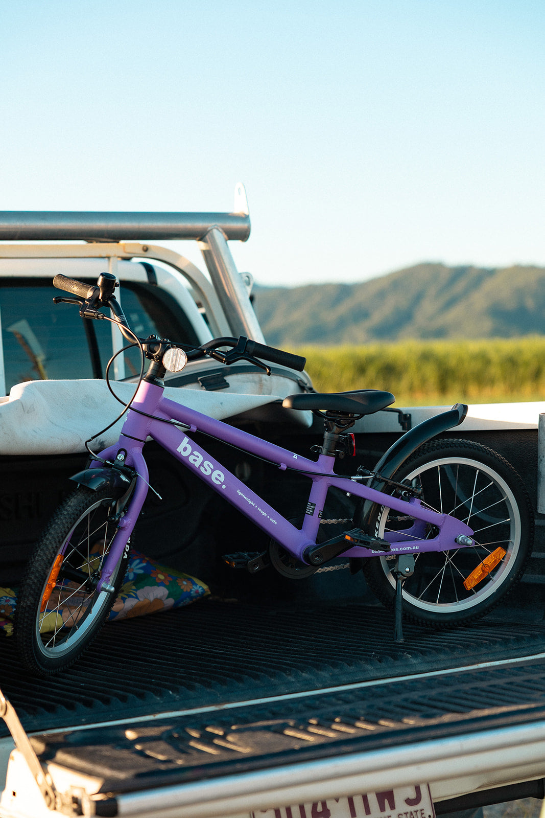 Purple bicycle on a ute bed with a scenic background